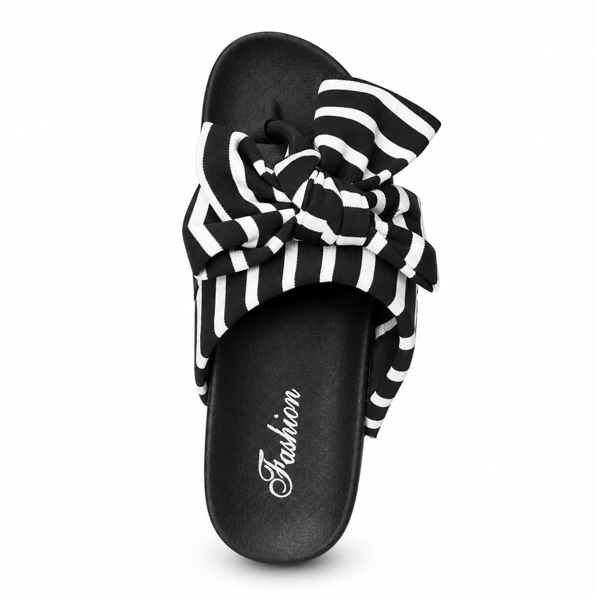 Black & White Striped Bow Slide Sandals for Women